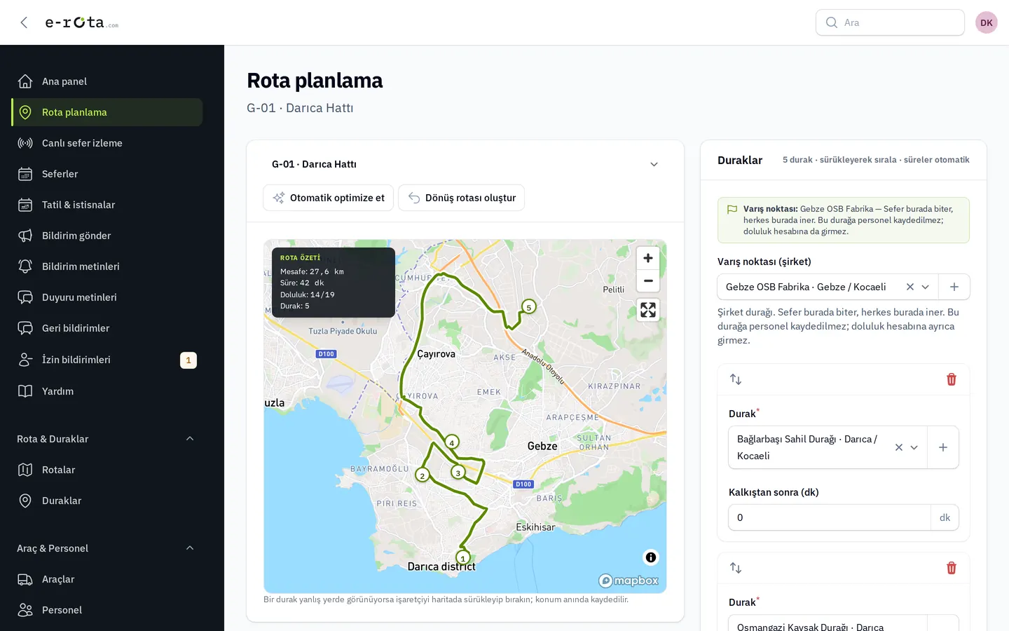 Rota planlama ekranı: optimize edilmiş yol çizgisi, rota özeti ve durak sırası.