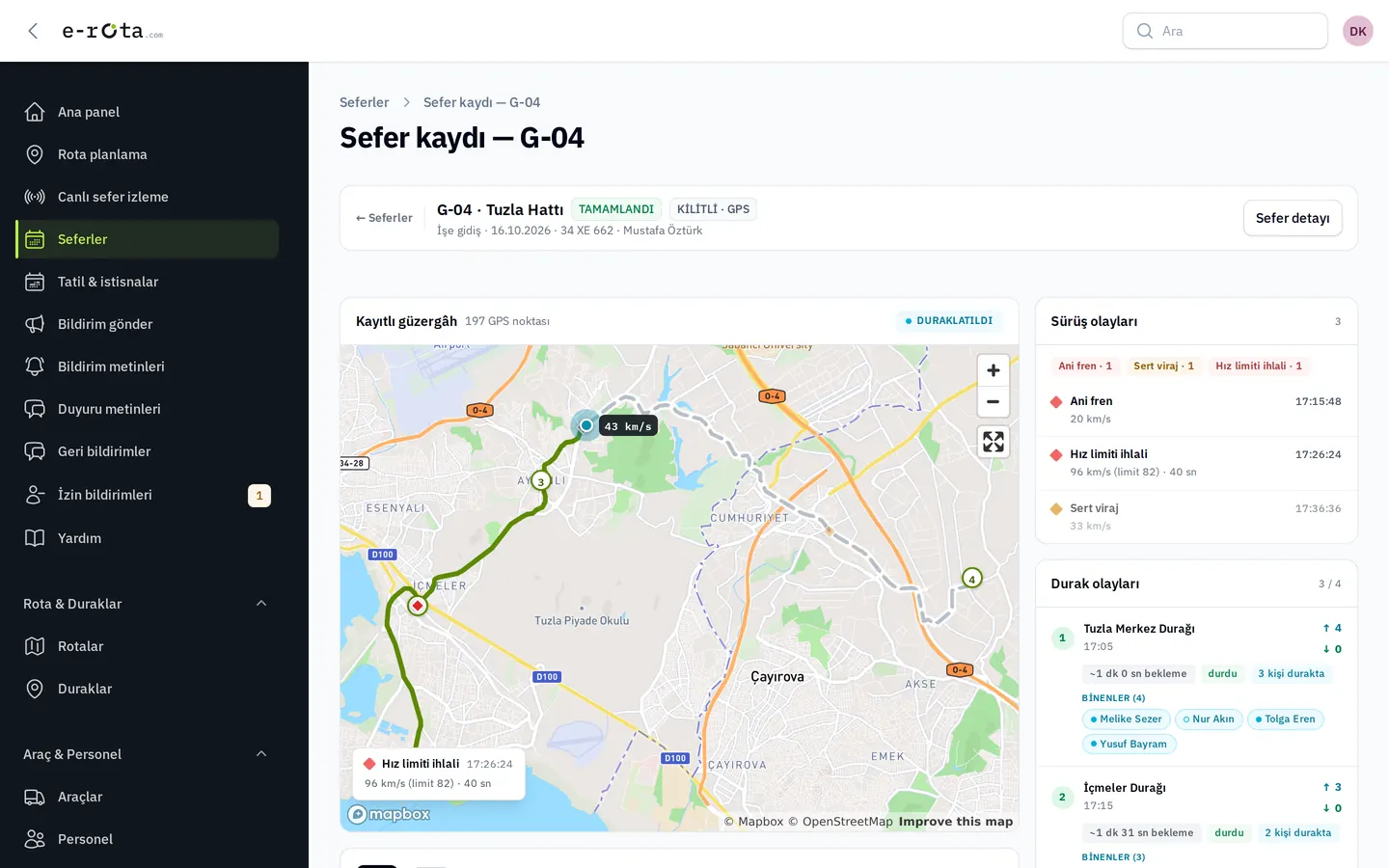 Sefer kaydı ekranı: tamamlanmış seferin GPS izi, sürüş olayları ve durak olayları.