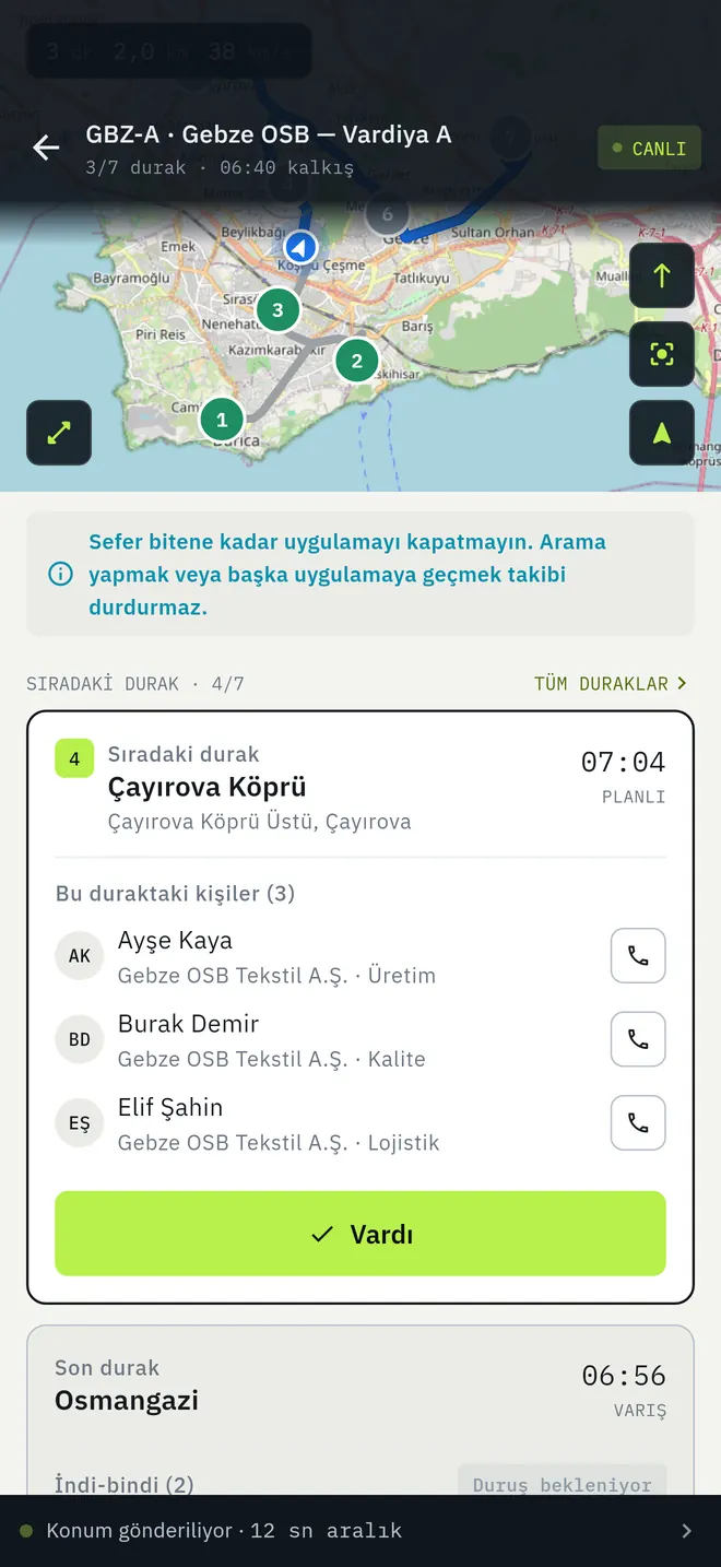 Sürücü uygulamasında sefer detayı: hat haritası, sıradaki durak, duraktaki yolcular ve Vardı düğmesi.