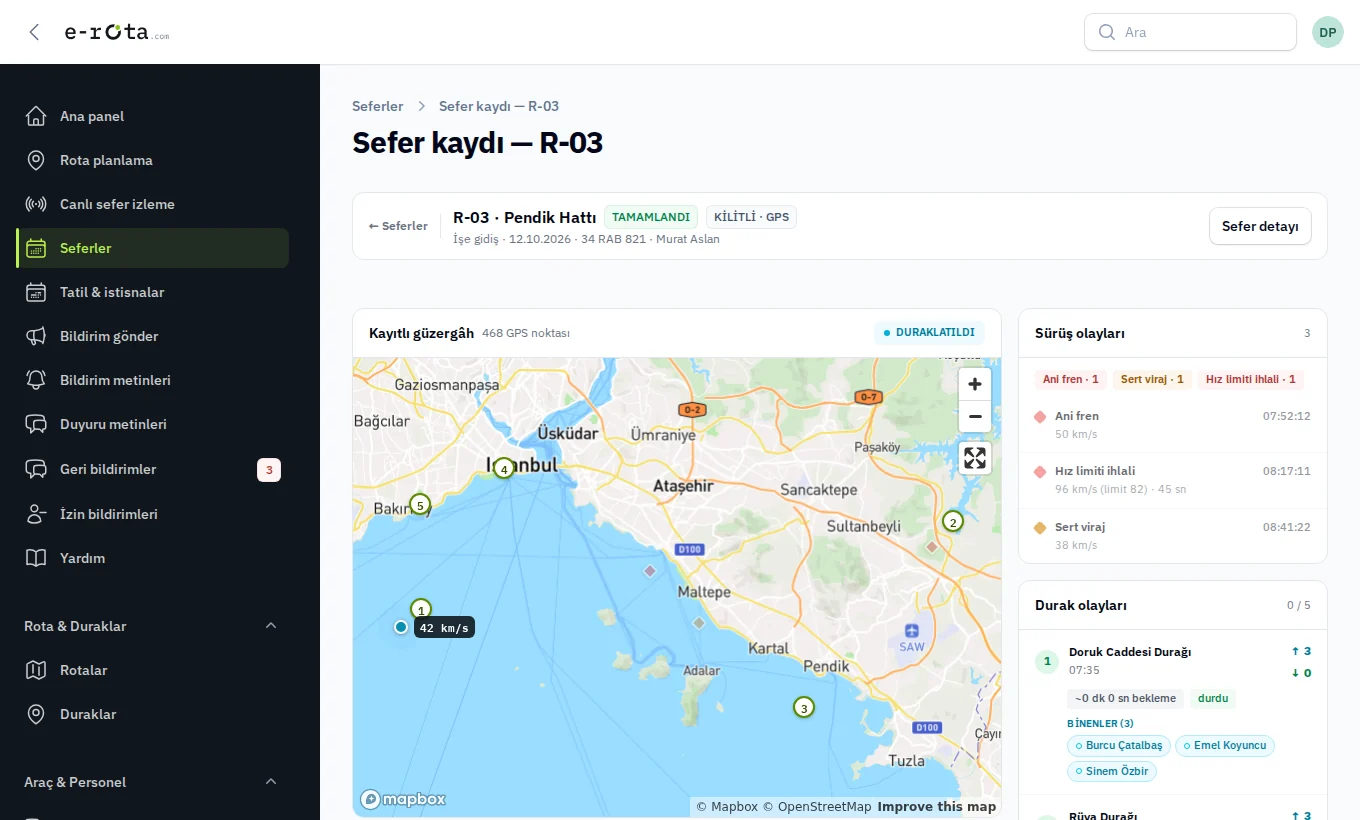 e-rota panelinde tamamlanmış bir seferin kaydı: haritada güzergâh ve duraklar, yanında ani fren, hız limiti ihlali ve sert viraj olaylarının saatleriyle listesi.