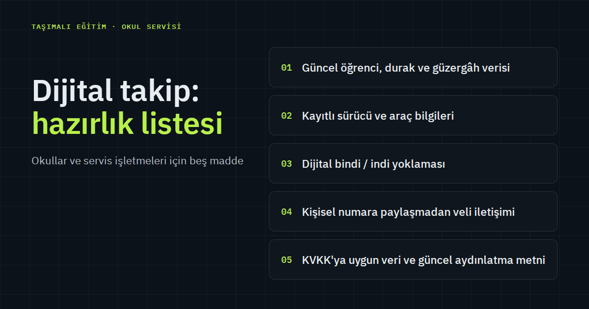 Taşımalı eğitimde dijital takibe hazırlık listesi: güncel öğrenci, durak ve güzergâh verisi, kayıtlı sürücü ve araç bilgileri, dijital bindi/indi yoklaması, numara paylaşmadan veli iletişimi ve KVKK'ya uygun veri.