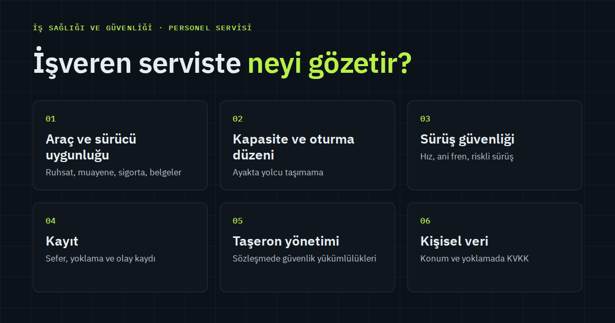 Personel servisinde işverenin gözeteceği altı başlık: araç ve sürücü uygunluğu, kapasite ve oturma düzeni, sürüş güvenliği, kayıt, taşeron yönetimi ve kişisel veri.