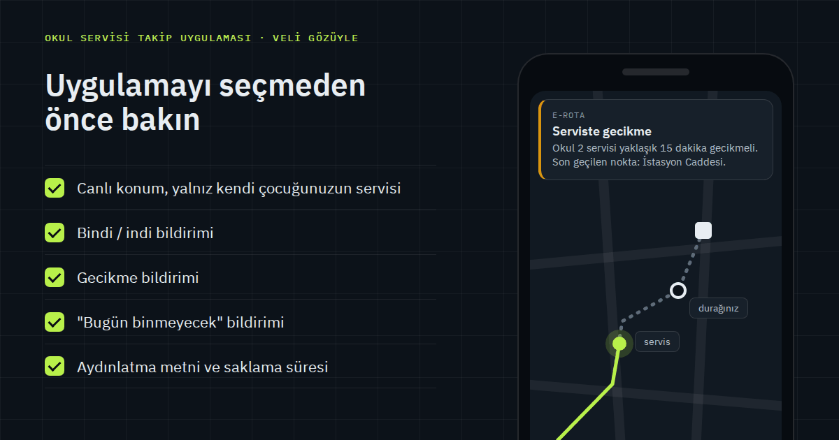 Okul servisi takip uygulamasında velinin bakacağı beş nokta ve telefonda servisin canlı konumu ile gecikme bildirimi (temsili çizim; servis adı, süre ve yer adı örnektir).
